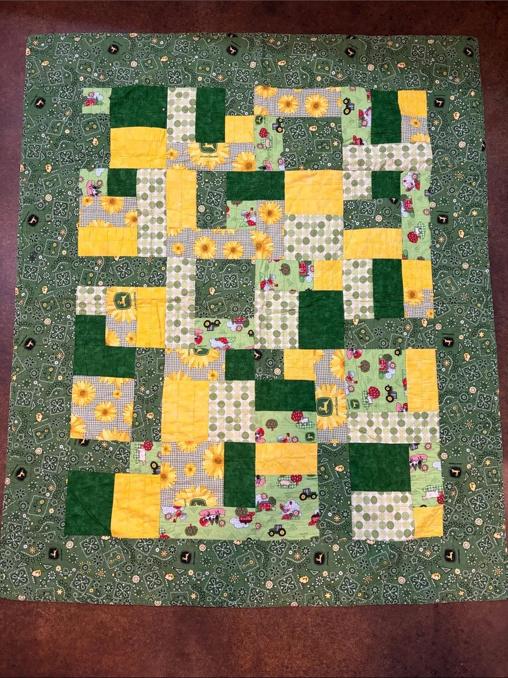 Handmade John Deer Sunflower & Tractor Patchwork Quilt - Green & Yellow